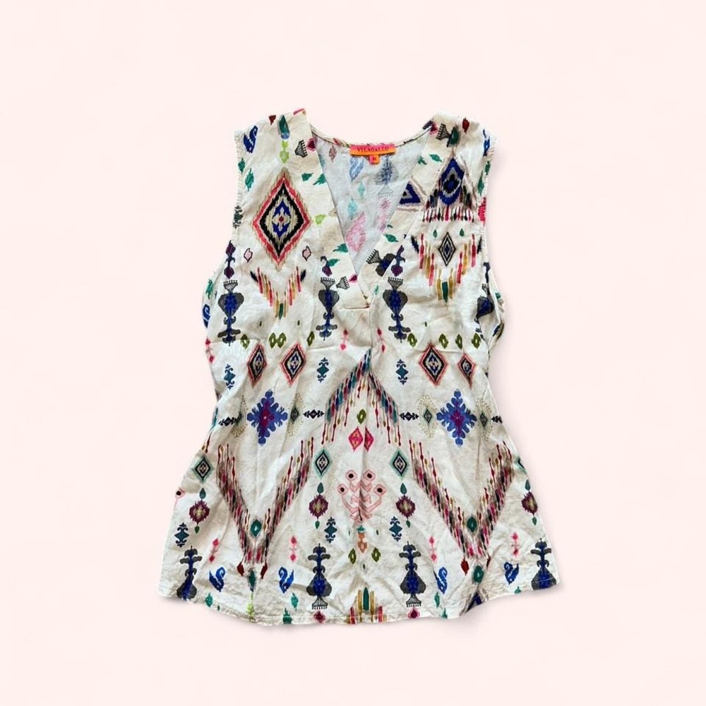 Womens Sleeveless Silky Metallic Blouse tribal boho printed M artsy bright